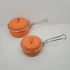 Vintage Vitrex Gourmet Cazo Orange 1 Qt & 2 Qt Set of 2 Saucepans With Lids